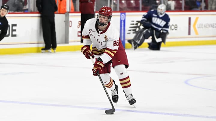 Feb 28, 2025; Chestnut Hill, MA, USA; Boston College defenseman Will Skahan (26) warms up before a game against the University of New Hampshire Wildcats at Conte Forum. Mandatory Credit: Eric Canha-Imagn Images