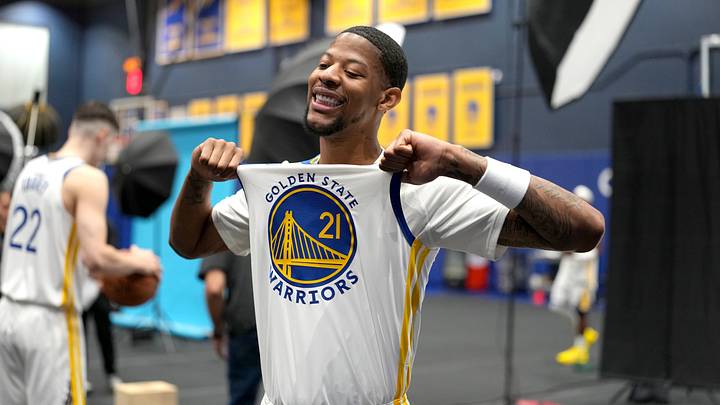 Sep 28, 2026; San Francisco, CA, USA;  Golden State Warriors forward Dalen Terry (21) interacts with media during Media Day at the Chase Center.  Mandatory Credit: Cary Edmondson-Imagn Images