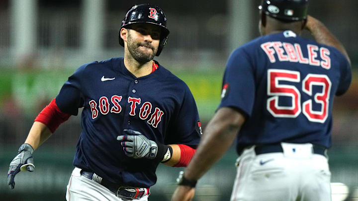 Former Boston Red Sox designated hitter J.D. Martinez (28) rounds the bases after hitting a home run at Great American Ball Park in Cincinnati, OH. 