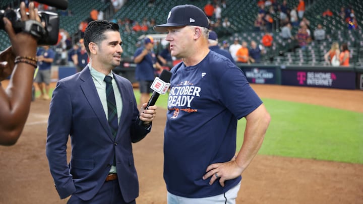 Oct 2, 2024; Houston, Texas, USA; Detroit Tigers manager A.J. Hinch (14) is interviewed after defeating the Houston Astros in game two of the Wildcard round for the 2024 MLB Playoffs at Minute Maid Park. Oct 2, 2024; Houston, Texas, USA; Detroit Tigers manager A.J. Hinch (14) is interviewed after defeating the Houston Astros in game two of the Wildcard round for the 2024 MLB Playoffs at Minute Maid Park.