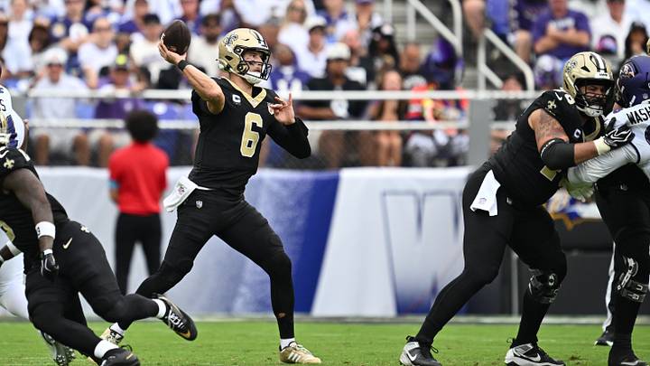 Sep 20, 2026; Baltimore, Maryland, USA;  New Orleans Saints quarterback Tyler Shough (6) throws in the second half against the Baltimore Ravens at M&T Bank Stadium.  Mandatory Credit: Jamie Sabau-Imagn Images