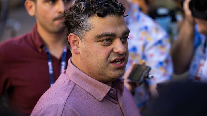 Nov 7, 2023; Scottsdale, AZ, USA; Los Angeles Angels general manager Perry Minasian speaks to the media during the MLB General Manager's Meetings at Omni Scottsdale Resort & Spa. Mandatory Credit: Mark J. Rebilas-Imagn Images Nov 7, 2023; Scottsdale, AZ, USA; Los Angeles Angels general manager Perry Minasian speaks to the media during the MLB General Manager's Meetings at Omni Scottsdale Resort & Spa. Mandatory Credit: Mark J. Rebilas-Imagn Images