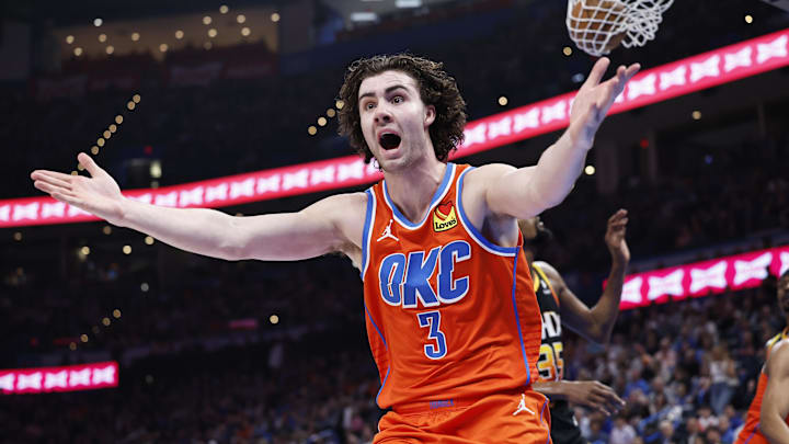 Mar 29, 2024; Oklahoma City, Oklahoma, USA; Oklahoma City Thunder guard Josh Giddey (3) reacts to an