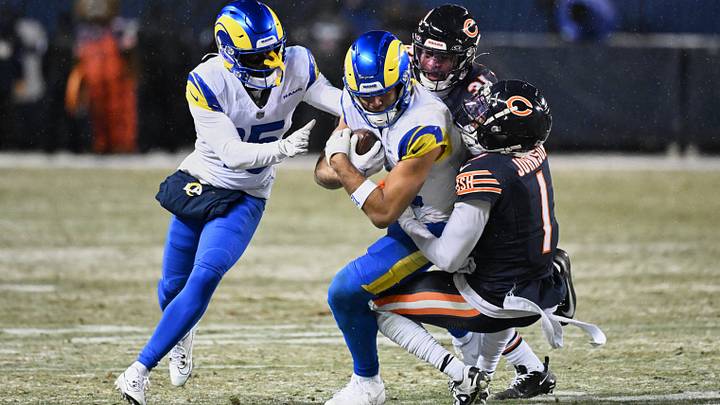Jaylon Johnson hauls down Puka Nacua in last season's divisional playoffs at Soldier Field. Jaylon Johnson hauls down Puka Nacua in last season's divisional playoffs at Soldier Field.
