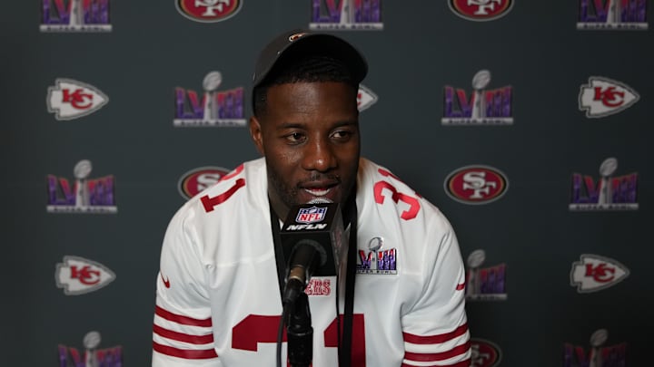 Feb 8, 2024; Las Vegas, NV, USA; San Francisco 49ers safety Tashaun Gipson Sr. (31) is interviewed during a press conference before Super Bowl LVIII at Hilton Lake Las Vegas Resort and Spa. Mandatory Credit: Kyle Terada-Imagn Images