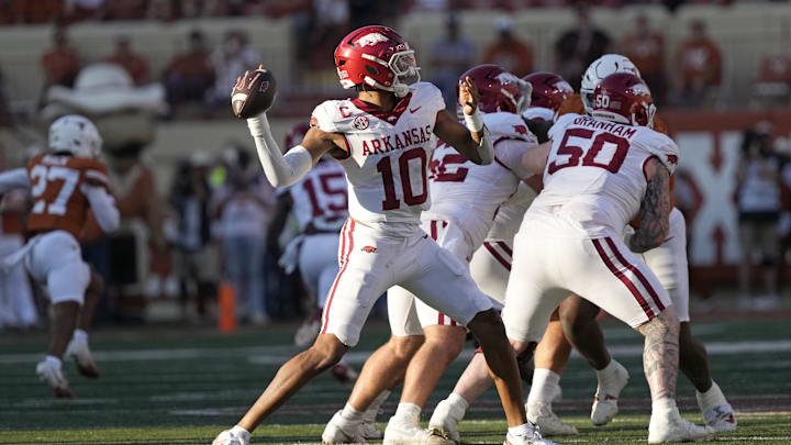 Nov 22, 2025; Austin, Texas, USA; Arkansas Razorbacks quarterback Taylen Green (10) throws a pass during the first half against the Texas Longhorns at Darrell K Royal-Texas Memorial Stadium. Mandatory Credit: Scott Wachter-Imagn Images