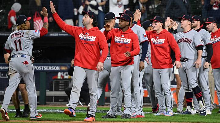 Oct 8, 2026; Chicago, Illinois, USA; Cleveland Guardians third baseman Jose Ramirez (11) and the rest of the Guardians celebrate after beating the Chicago White Sox in game four of the ALDS for the 2026 MLB Playoffs at Rate Field. Mandatory Credit: Matt Marton-Imagn Images Oct 8, 2026; Chicago, Illinois, USA; Cleveland Guardians third baseman Jose Ramirez (11) and the rest of the Guardians celebrate after beating the Chicago White Sox in game four of the ALDS for the 2026 MLB Playoffs at Rate Field. Mandatory Credit: Matt Marton-Imagn Images