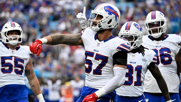 Oct 26, 2025; Charlotte, North Carolina, USA; Buffalo Bills defensive end AJ Epenesa (57) reacts after a sack in the fourth quarter against the Carolina Panthers at Bank of America Stadium. Mandatory Credit: Bob Donnan-Imagn Images