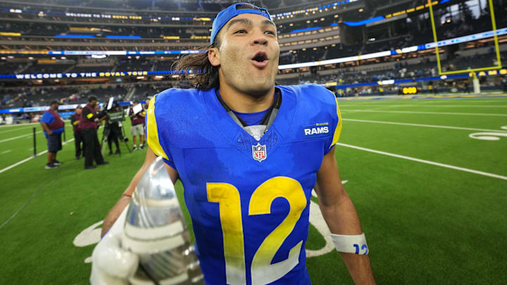 Los Angeles Rams wide receiver Puka Nacua (12) celebrates after defeating the Detroit Lions at SoFi Stadium. Los Angeles Rams wide receiver Puka Nacua (12) celebrates after defeating the Detroit Lions at SoFi Stadium.