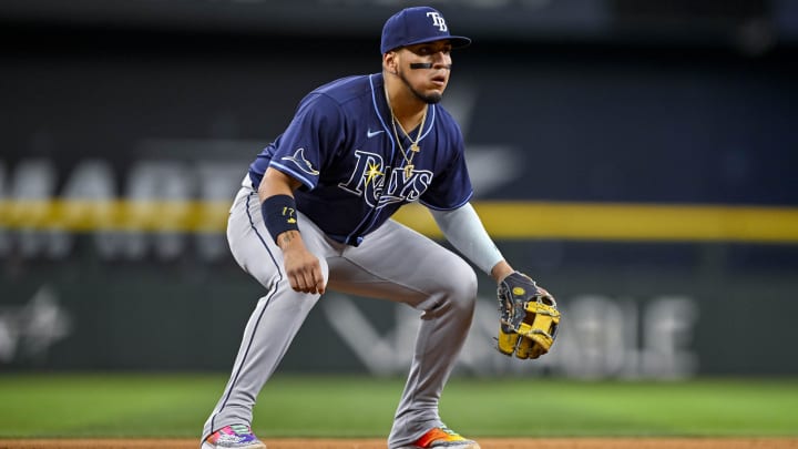 Jul 6, 2024; Arlington, Texas, USA; Tampa Bay Rays third baseman Isaac Paredes (17) in action during the game between the Texas Rangers and the Tampa Bay Rays at Globe Life Field Jul 6, 2024; Arlington, Texas, USA; Tampa Bay Rays third baseman Isaac Paredes (17) in action during the game between the Texas Rangers and the Tampa Bay Rays at Globe Life Field