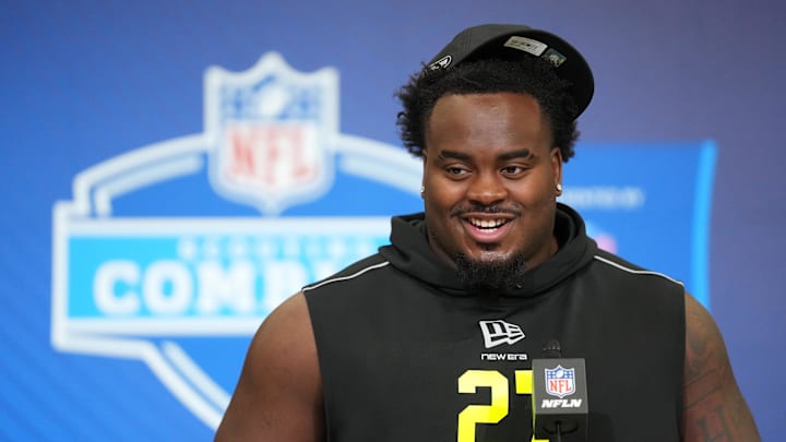 Feb 25, 2026; Indianapolis, IN, USA; UCLA defensive lineman Gary Smith III (DL27) speaks during the NFL Scouting Combine at the Indiana Convention Center. Mandatory Credit: Kirby Lee-Imagn Images