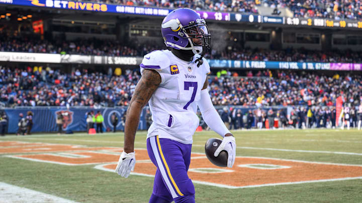 Jan 8, 2023; Chicago, Illinois, USA; Minnesota Vikings cornerback Patrick Peterson (7) celebrates
