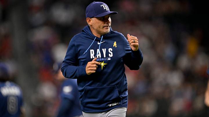 Sep 6, 2026; Arlington, Texas, USA; Tampa Bay Rays manager Kevin Cash runs on the field during the game between the Rangers and the Rays at Globe Life Field. Mandatory Credit: Jerome Miron-Imagn Images