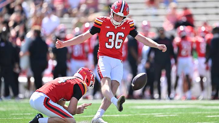 Sep 13, 2025; College Park, Maryland, USA;  Maryland Terrapins kicker Sean O'Haire (36) kicks an extra point against the Towson Tigers at SECU Stadium. Mandatory Credit: Jamie Sabau-Imagn Images