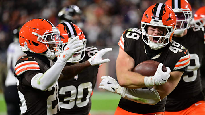 Nov 16, 2025; Cleveland, Ohio, USA; Cleveland Browns linebacker Carson Schwesinger (49) celebrates an interception with cornerback Myles Harden (26) during the third quarter against the Baltimore Ravens at Huntington Bank Field. Mandatory Credit: Ken Blaze-Imagn Images Nov 16, 2025; Cleveland, Ohio, USA; Cleveland Browns linebacker Carson Schwesinger (49) celebrates an interception with cornerback Myles Harden (26) during the third quarter against the Baltimore Ravens at Huntington Bank Field. Mandatory Credit: Ken Blaze-Imagn Images