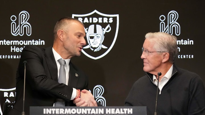 Jan 27, 2025; Las Vegas, NV, USA; Las Vegas Raiders general manager John Spytek (left) and coach Pete Carroll at press conference at Intermountain Health Performance Center. Mandatory Credit: Kirby Lee-Imagn Images