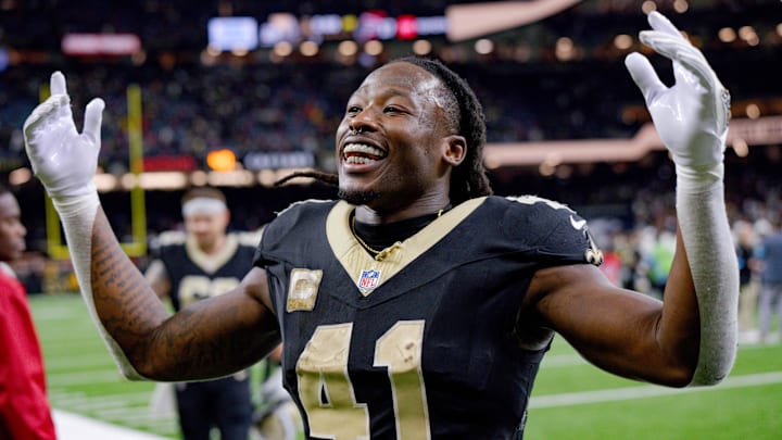 Nov 10, 2024; New Orleans, Louisiana, USA; New Orleans Saints running back Alvin Kamara (41) leaves the field after the Saints defeated the Atlanta Falcons at Caesars Superdome. Mandatory Credit: Matthew Hinton-Imagn Images