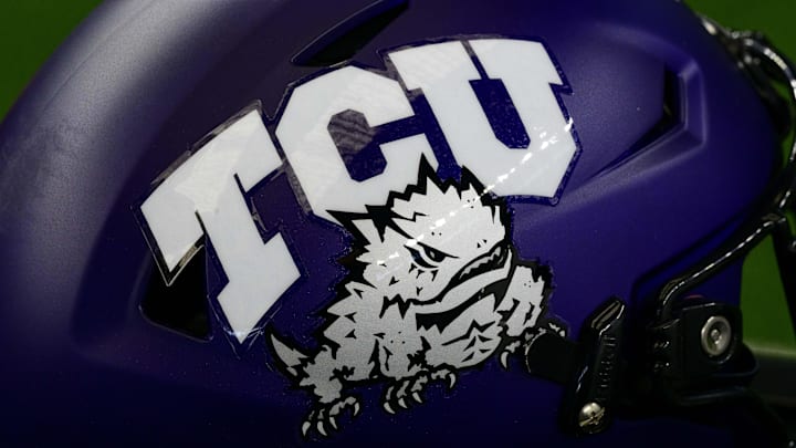 Jul 14, 2022; Arlington, TX, USA; A view of the TCU Horned Frogs helmet logo during the Big 12 Media Day at AT&T Stadium. Mandatory Credit: Jerome Miron-Imagn Images