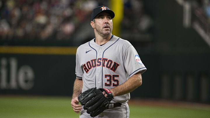 Sep 6, 2023; Arlington, Texas, USA; Houston Astros starting pitcher Justin Verlander (35) walks off Sep 6, 2023; Arlington, Texas, USA; Houston Astros starting pitcher Justin Verlander (35) walks off