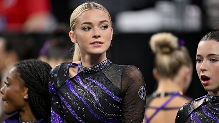 LSU Tigers gymnast Olivia Dunne looks on during the 2025 Women's National Gymnastics Semifinal at Dickies Arena. LSU Tigers gymnast Olivia Dunne looks on during the 2025 Women's National Gymnastics Semifinal at Dickies Arena.
