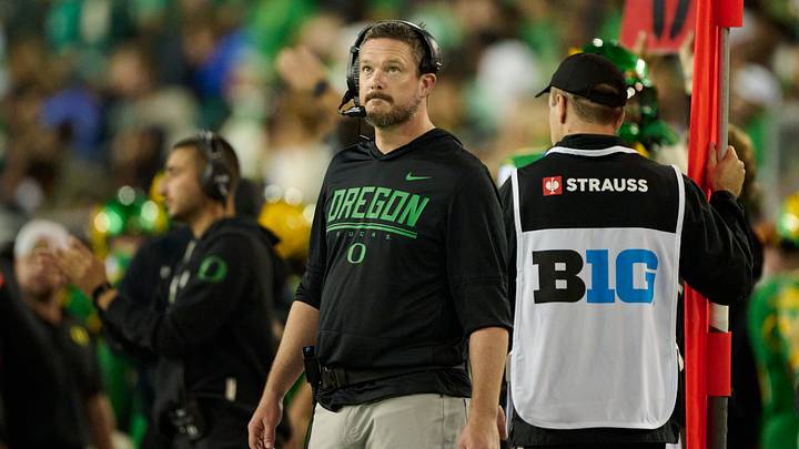 Sep 18, 2026; Eugene, Oregon, USA; Oregon Ducks head coach Dan Lanning looks up at the clock during the first half in a game against the Portland State Vikings at Autzen Stadium. Mandatory Credit: Troy Wayrynen-Imagn Images