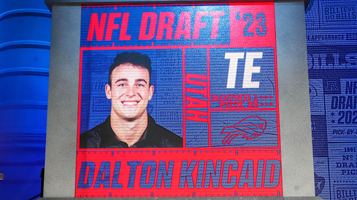 Apr 27, 2023; Kansas City, MO, USA; Utah tight end Dalton Kincaid after being selected by the Buffalo Bills twenty fifth overall in the first round of the 2023 NFL Draft at Union Station