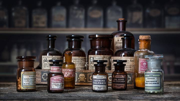 Bottles of quinine, poison, and other old-fashioned medicines