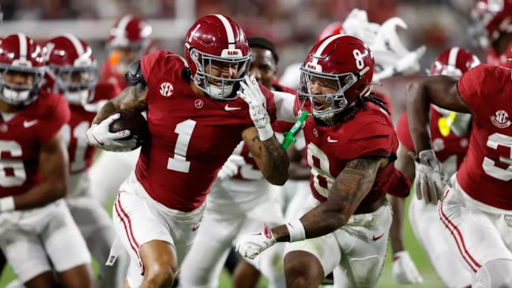 Alabama Defensive Back Domani Jackson (1) and Alabama Defensive Back DeVonta Smith (8) celebrate interception against Georgia at Bryant-Denny Stadium in Tuscaloosa, AL on Saturday, Sep 28, 2024. 