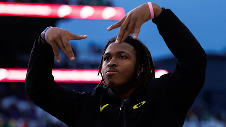 oregon ducks receiver dakorien moore dan lanning dierre hill brandon finney practice football dante moore big ten playoff