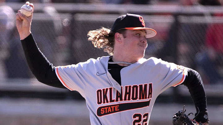 Oklahoma State's Gabe Davis (22) pitches against Texas Tech in 2023 at Rip Griffin Park. Oklahoma State's Gabe Davis (22) pitches against Texas Tech in 2023 at Rip Griffin Park.