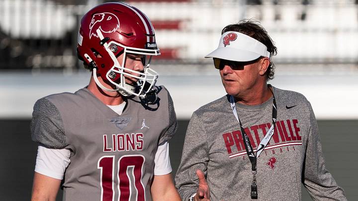 Prattville head coach Bobby Carr talks with Will McKay (10) during the Prattville High School football spring game at Stanley-Jensen Stadium in Prattville, Ala. on Thursday, May 14, 2026. Prattville head coach Bobby Carr talks with Will McKay (10) during the Prattville High School football spring game at Stanley-Jensen Stadium in Prattville, Ala. on Thursday, May 14, 2026.