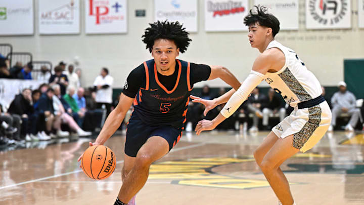 Eastvale Roosevelt (California) guard Brayden Burries, left, is a McDonald's All-American in 2025.