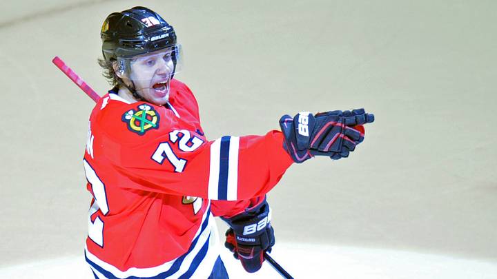 Dec 6, 2015; Chicago, IL, USA; Chicago Blackhawks left wing Artemi Panarin (72) celebrates with right wing Patrick Kane (88) after scoring a goal against the Winnipeg Jets during the third period at United Center. The Blackhawks won 3-1. Mandatory Credit: Patrick Gorski-USA TODAY Sports