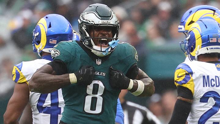 Philadelphia Eagles running back Tank Bigsby (8) reacts after a run against the Los Angeles Rams during the first quarter at Lincoln Financial Field.  Mandatory Credit: Bill Streicher-Imagn Images