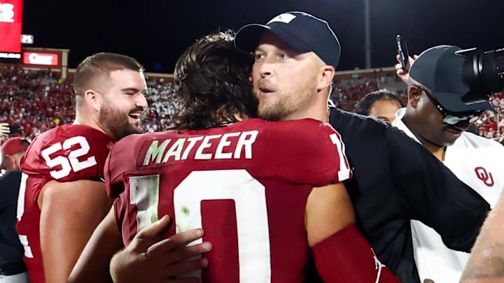 Oklahoma Sooners quarterback John Mateer, offensive coordinator Ben Arbuckle