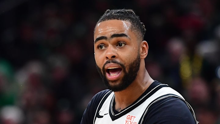 Mar 18, 2025; Boston, Massachusetts, USA; Brooklyn Nets guard D'Angelo Russell (1) reacts after a play during the second half against the Boston Celtics at TD Garden. Mandatory Credit: Bob DeChiara-Imagn Images
