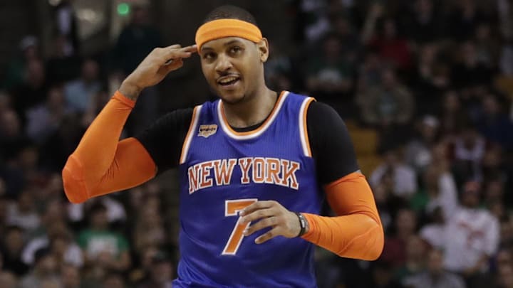 Jan 18, 2017; Boston, MA, USA; New York Knicks forward Carmelo Anthony (7) reacts after his three-point basket against the Boston Celtics in the second quarter at TD Garden. Mandatory Credit: David Butler II-Imagn Images