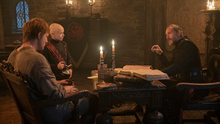 Peter Claffey (Dunk), Dexter Sol Ansell (Egg), and Bertie Carvel (Baelor Targaryen) in A Knight of the Seven Kingdoms.