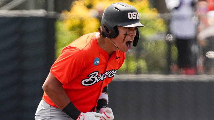 Oregon State's Josh Proctor celebrates hitting a double during game three of the NCAA Eugene Regional Baseball Tournament at PK Park on Saturday, May 30, 2026 in Eugene, Ore. Oregon State's Josh Proctor celebrates hitting a double during game three of the NCAA Eugene Regional Baseball Tournament at PK Park on Saturday, May 30, 2026 in Eugene, Ore.