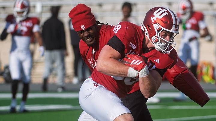 Indiana's Brock Schott (88) during spring football practice at Memorial Stadium on Thursday, April 9, 2026. Indiana's Brock Schott (88) during spring football practice at Memorial Stadium on Thursday, April 9, 2026.