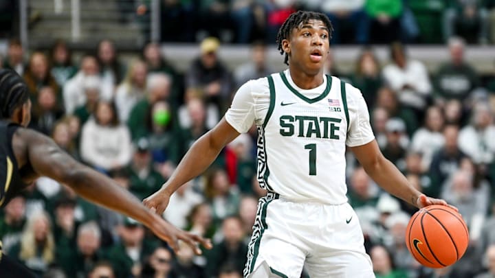 Michigan State's Jeremy Fears Jr. moves the ball against Oakland during the first half on Monday, Dec. 18, 2023, at the Breslin Center in East Lansing.