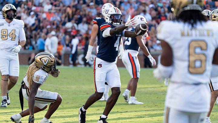 Auburn Tigers wide receiver Jeremiah Koger (4) celebrates a first down as Auburn Tigers take on Vanderbilt Commodores at Jordan-Hare Stadium in Auburn, Ala. on Saturday, Sept. 26, 2026. Auburn Tigers defeated Vanderbilt Commodores 21-15. Auburn Tigers wide receiver Jeremiah Koger (4) celebrates a first down as Auburn Tigers take on Vanderbilt Commodores at Jordan-Hare Stadium in Auburn, Ala. on Saturday, Sept. 26, 2026. Auburn Tigers defeated Vanderbilt Commodores 21-15.