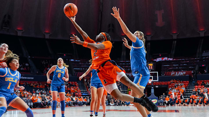 Illinois guard Destiny Jackson (2) goes hard to the rim against UCLA in the Illini's 80-67 loss to the Bruins on Wednesday at the State Farm Center in Champaign, Illinois. Illinois guard Destiny Jackson (2) goes hard to the rim against UCLA in the Illini's 80-67 loss to the Bruins on Wednesday at the State Farm Center in Champaign, Illinois.