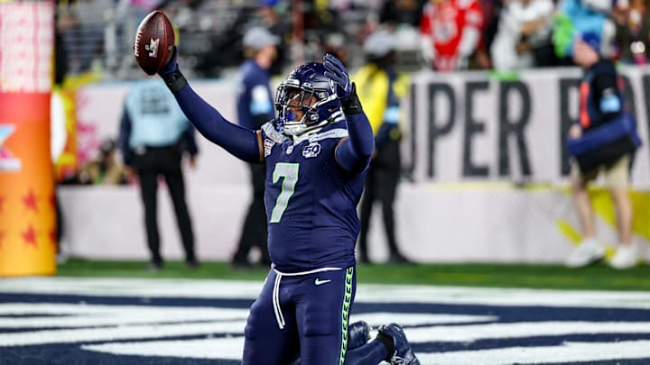 Seattle linebacker Uchenna Nwosu celebrates his defensive touchdown in Super Bowl LX on Sunday night.