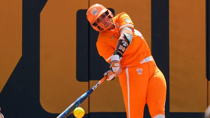 Tennessee infielder Makenzie Butt (98) hits the ball during a NCAA regional softball game between Tennessee and Virginia at Sherri Parker Lee Stadium in Knoxville, Tenn., on May 17, 2026.