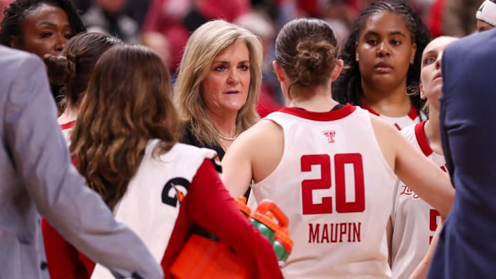 Texas Tech head coach Krista Gerlich looks to her team during a timeout in a Big 12 Conference women's basketball game, Saturday, Jan. 17, 2026, in United Supermarkets Arena. Texas Tech head coach Krista Gerlich looks to her team during a timeout in a Big 12 Conference women's basketball game, Saturday, Jan. 17, 2026, in United Supermarkets Arena.