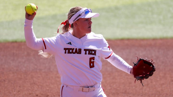 Texas Tech's Taylor Pannell prepares to throw against BYU during during a Big 12 Conference softball game, Saturday, April 4, 2026, at Tracy Sellers Field.