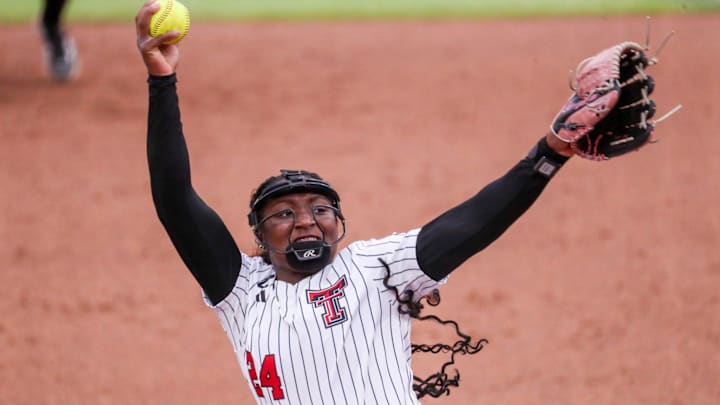 Texas Tech's NiJaree Canady pitches against Iowa State during a Big 12 Conference softball game, Friday, March 27, 2026, at Tracy Sellers Field.