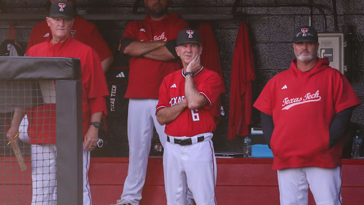 Tim Tadlock (center) and Texas Tech's coaches look on during a non-conference Division I baseball game, Tuesday, March 31, 2026, at Rip Griffin Park.