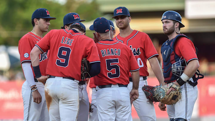 Head coach Mike Bianco (5) huddles with his players during the Ole Miss vs. Mississippi State Governor's Cup baseball game at Trustmark Park in Pearl, Miss., Tuesday, April 25, 2023.
TCL OleMissvMSU205 Head coach Mike Bianco (5) huddles with his players during the Ole Miss vs. Mississippi State Governor's Cup baseball game at Trustmark Park in Pearl, Miss., Tuesday, April 25, 2023.
TCL OleMissvMSU205